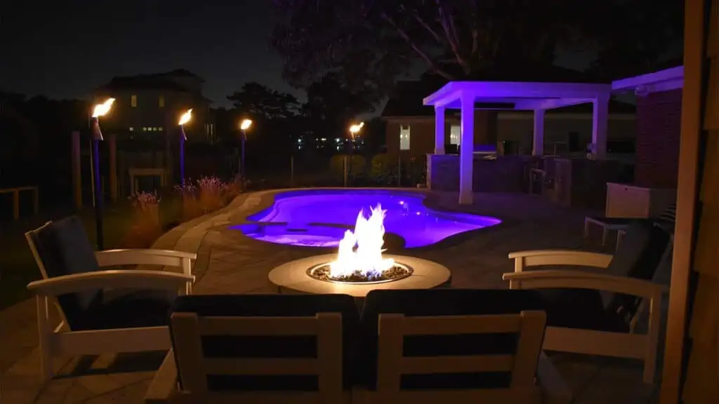 gas-fire-pit2 - Solid Structures Nighttime Outdoor Gas Firepit Poolside
