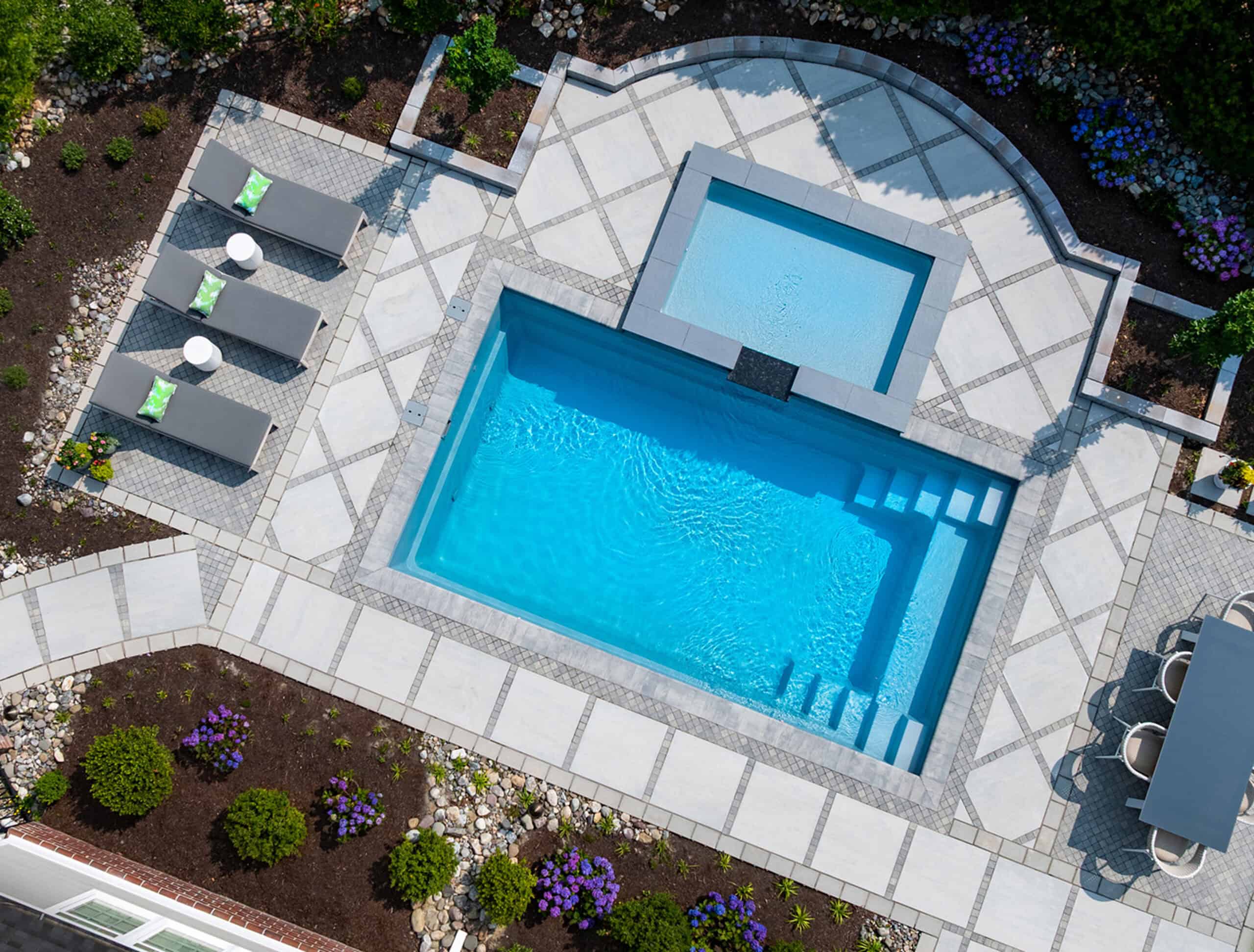 Fiberglass Pool and unique paver design installed by Solid Structures in Chesapeake, Virginia. 